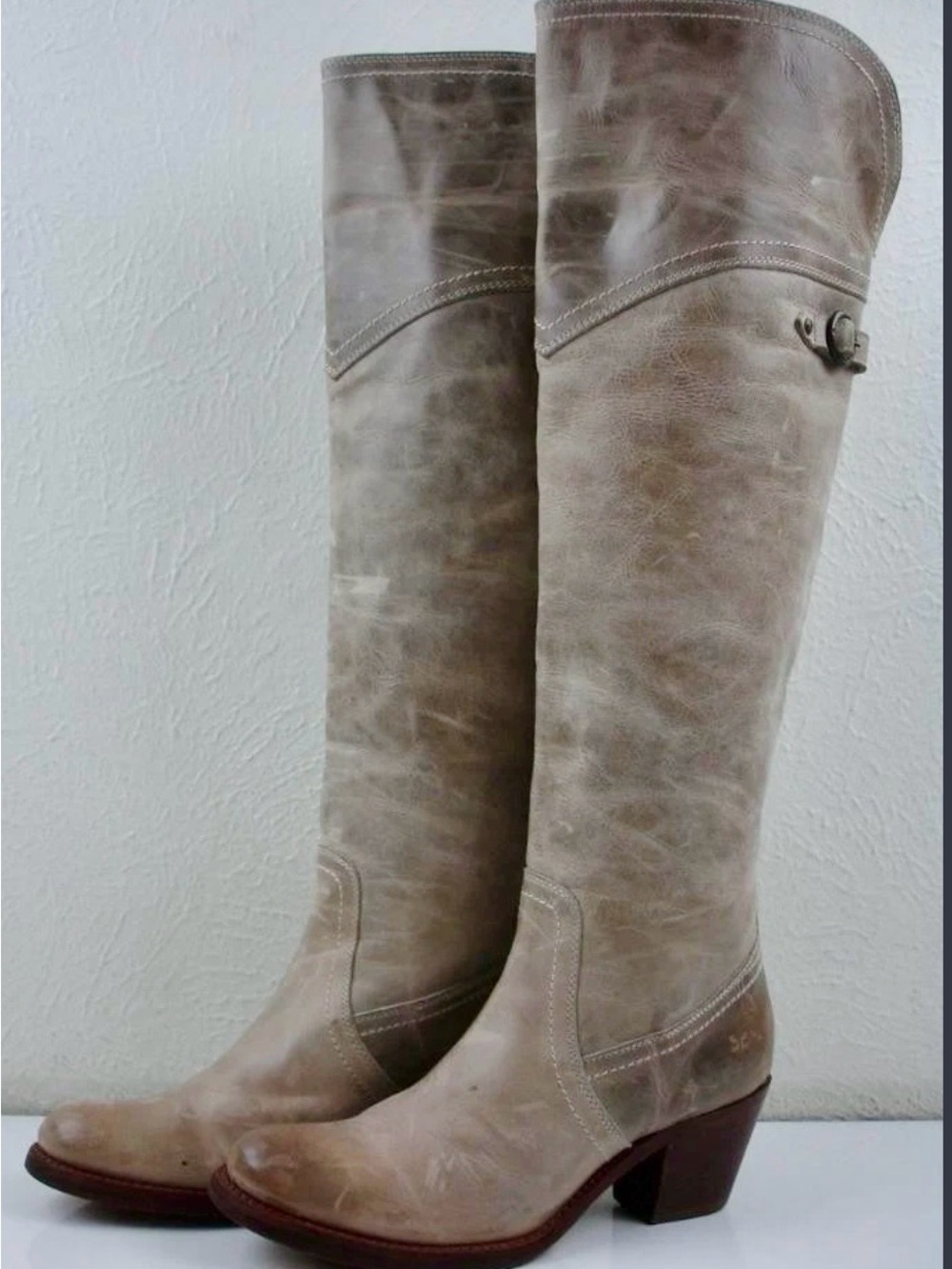 Frye Jane Tall Cuff Over the Knee Leather Boots Taupe Distressed New!